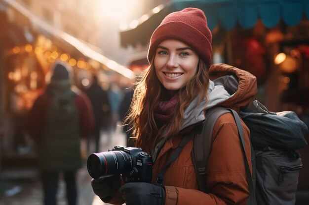 a young woman with a hat on her head is seen holding a camera with a backpack on a busy city street