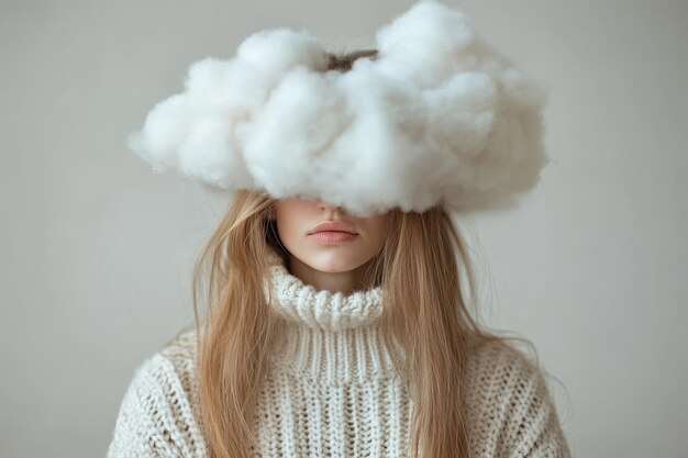 Photo young woman with head in clouds concept of mental health stress depression anxiety confusion