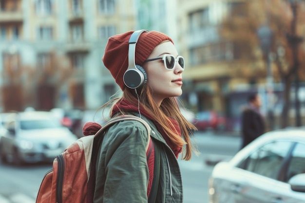 Photo young woman with headphones and a backpack walking in an urban setting listening to music