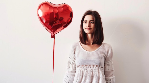 Young Woman with Heart Balloon Love Celebration and Happiness