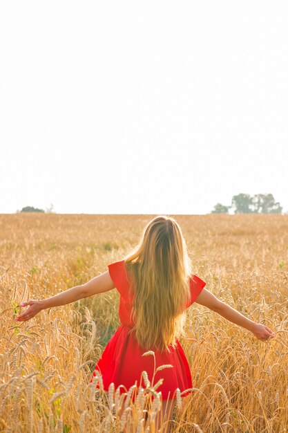 Photo young woman with her arms wide spread is enjoying in the sunny summer or autumn day, rear view