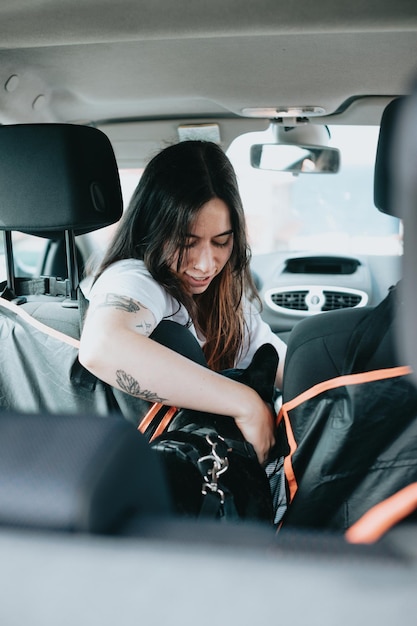 Young woman with her dog French Bulldog getting ready on the car ready for a walk portrait image Pet concept Taking care of the man best friend Woman taking his dog to a walk during a sunny day