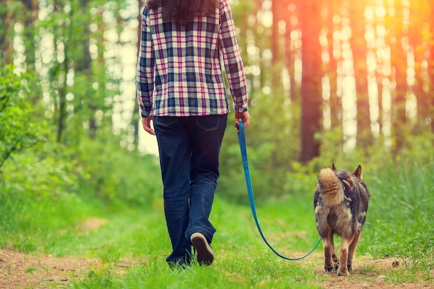 Young woman with her dog walking in the forest