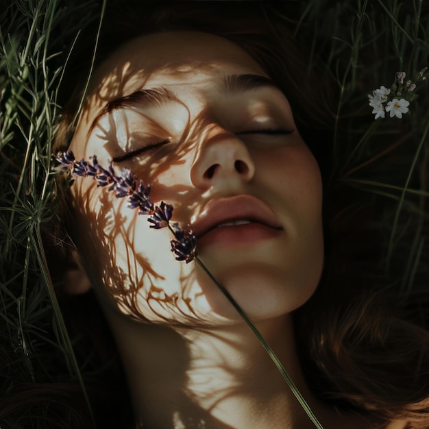 Photo a young woman with her eyes closed lying in grass with a lavender flower resting on her lips bathed in sunlight