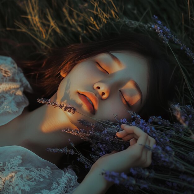 A young woman with her eyes closed resting in a field of lavender