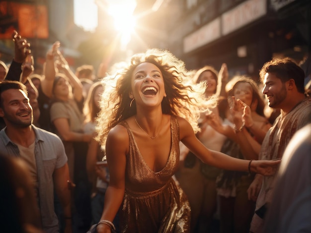 young woman with her friends having fun on the street young woman with her friends having fun o