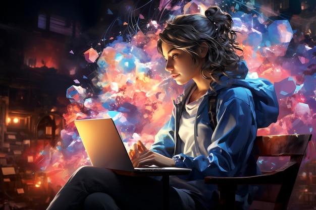 Young woman with laptop sitting in a cafe in front of colorful lights Watercolor ilustration