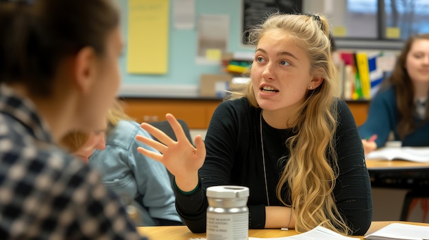 Photo a young woman with long blonde hair is enthusiastically speaking to another student in a classroom setting