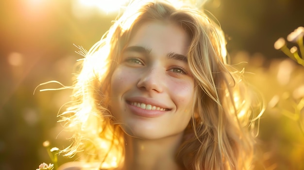 A young woman with long blonde hair smiles brightly at the camera backlit by golden sunlight