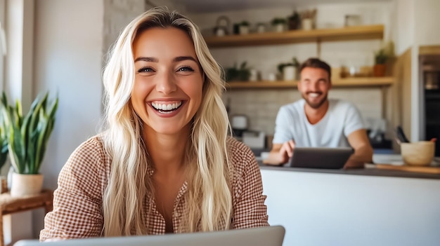 A young woman with long blonde hair smiles brightly while using her laptop in a cozy home kitchen A cheerful man sits in the background creating a welcoming atmosphere filled with plants