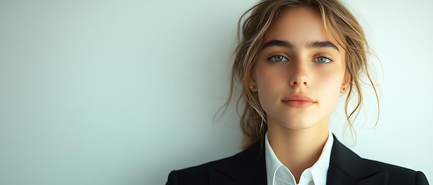 Photo young woman with long blonde hair wearing a black blazer and white shirt looking at the camera