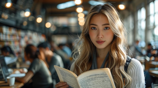 A young woman with long blonde hair and wearing an elegant sweater is studying at a table surrounded by other students