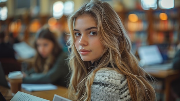 A young woman with long blonde hair and wearing an elegant sweater is studying at a table surrounded by other students