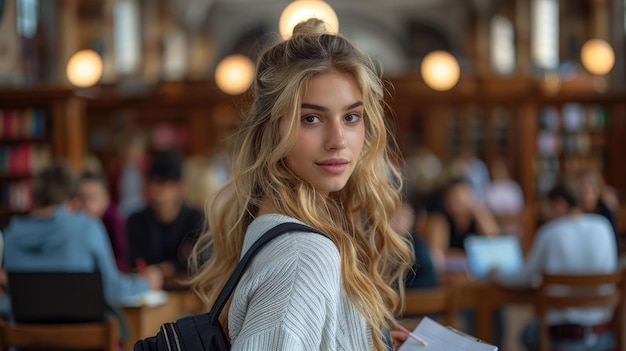 A young woman with long blonde hair and wearing an elegant sweater is studying at a table surrounded by other students