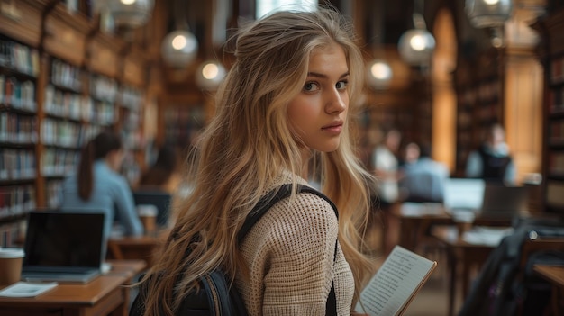 A young woman with long blonde hair and wearing an elegant sweater is studying at a table surrounded