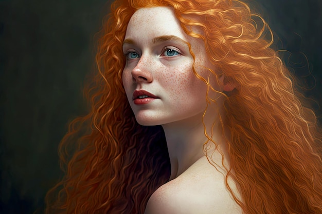 Young woman with long blonde red curly hair in the back