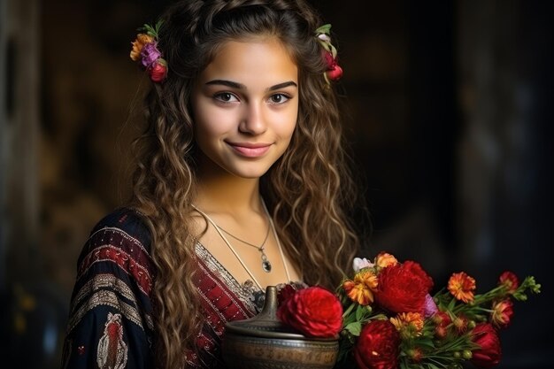 Young woman with long brown hair flowers in her hair wearing red beautiful dress