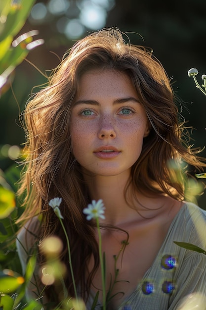 Young woman with long brown hair and freckles surrounded by greenery with a soft light