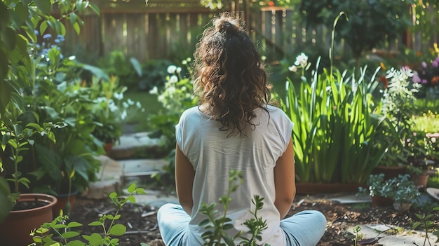 Photo a young woman with long brown hair is sitting in a garden she is wearing a white shirt and blue pants