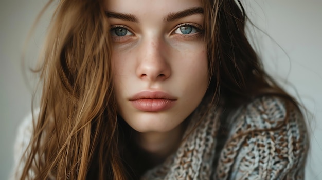 A young woman with long brown hair looks directly at the camera