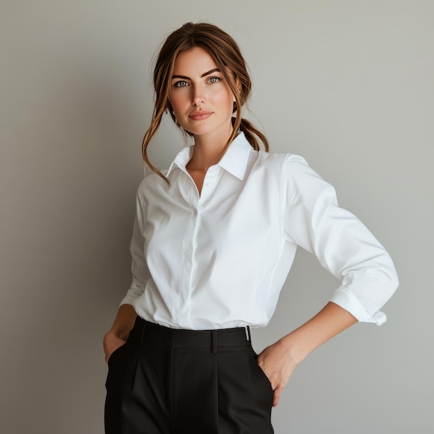 Photo a young woman with long brown hair wearing a white collared shirt and black pants stands against a gray background with her hands in her pockets and a confident expression