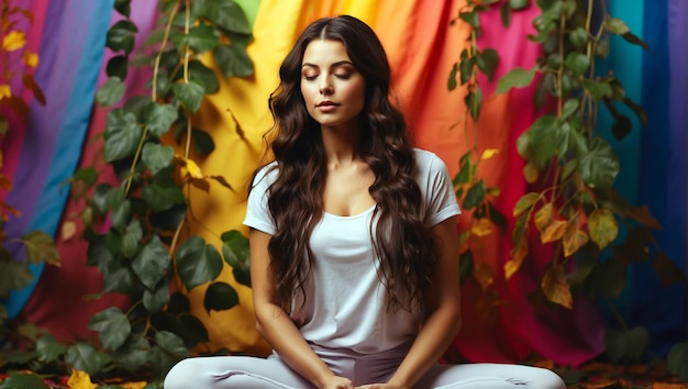 A young woman with long dark hair doing a yoga pose