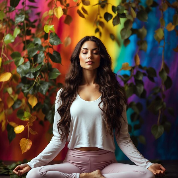 A young woman with long dark hair doing a yoga pose