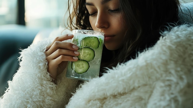 Photo young woman with long dark hair in a fuzzy white jacket drinks cucumber water