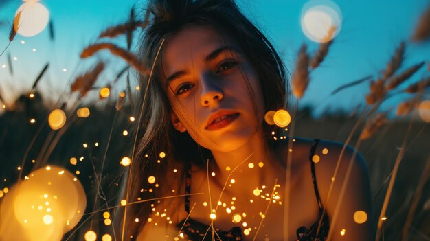 Photo a young woman with long dark hair looks thoughtfully through a field of grass illuminated by string lights at sunset