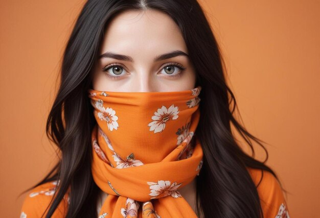 Photo a young woman with long dark hair wearing a colorful scarf