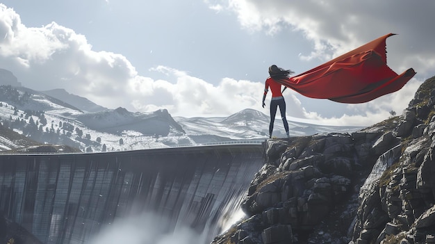 A young woman with long dark hair wearing a red cape stands on a cliff overlooking a large dam