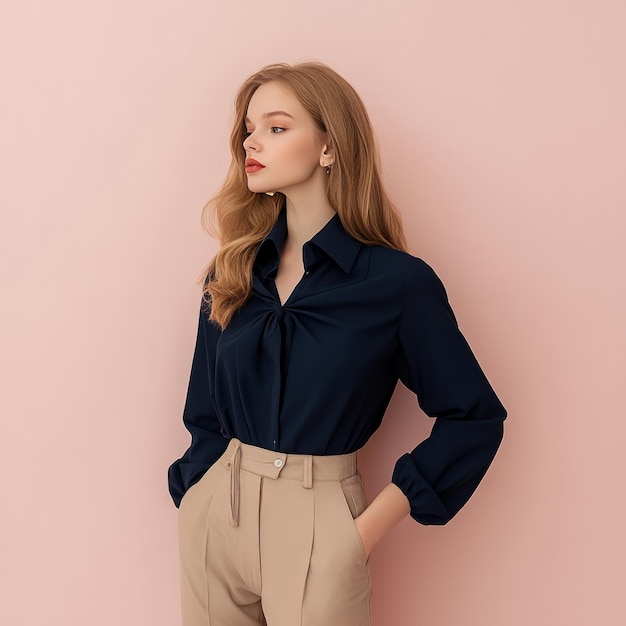 Photo a young woman with long flowing hair wearing a dark blue blouse and beige pants stands against a pink wall