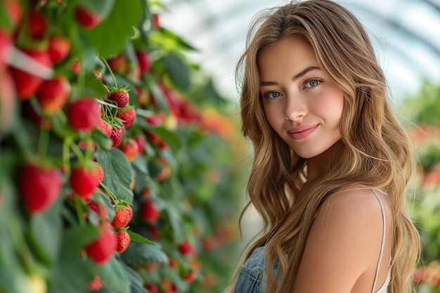 Young woman with long hair in a greenhouse with strawberries