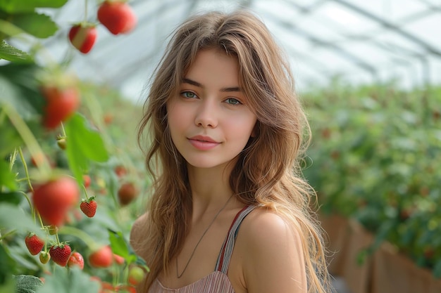 Young woman with long hair in a greenhouse with strawberries