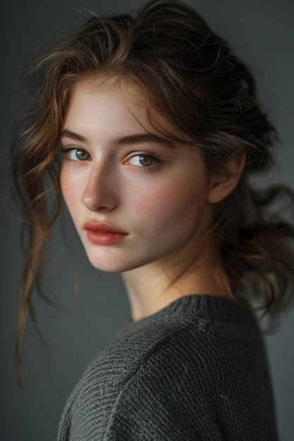 Young woman with long hair in grey sweater