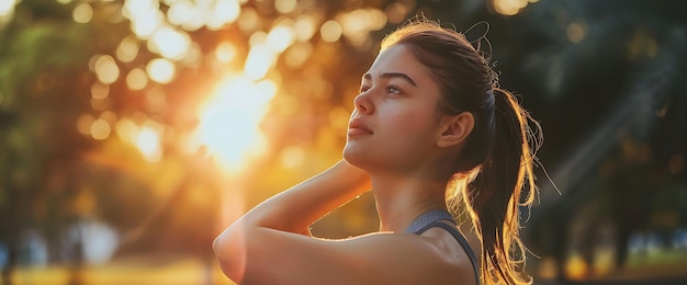 Young woman with long hair looking up at the sunset