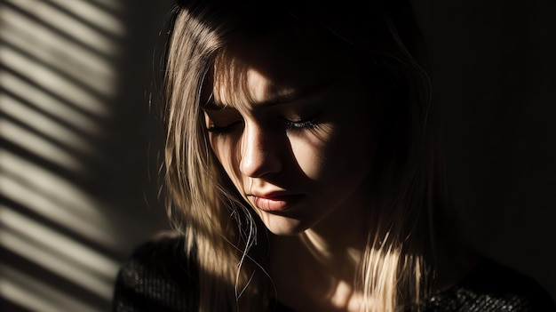 A young woman with long hair sits with her head in her hands looking down The wall and floor are dark with a beam of light entering the room from a window