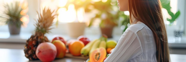 Photo young woman with long hair surrounded by fresh fruits in a bright kitchen healthy eating and nutrition lifestyle with an emphasis on fresh produce