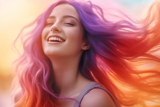 Young woman with long hair in violet and orange color with Generative AI