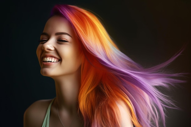 Young woman with long hair in violet and orange color with Generative AI