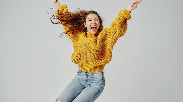 Photo a young woman with long hair wearing a yellow sweater and blue jeans jumps and smiles with her arms raised