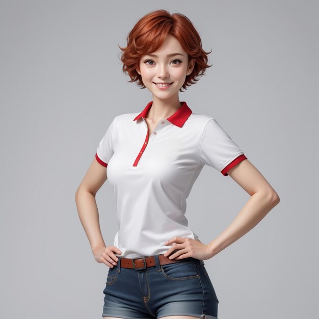 Photo a young woman with long red hair smiling wearing a white polo shirt and khaki pants