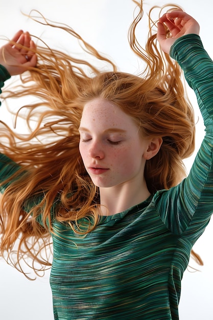 Photo young woman with long red hair wearing green striped top white background