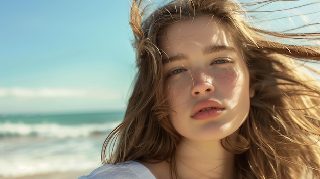 young woman with long sleek brown hair enjoying a breezy day by the beach