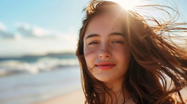 young woman with long sleek brown hair enjoying a breezy day by the beach