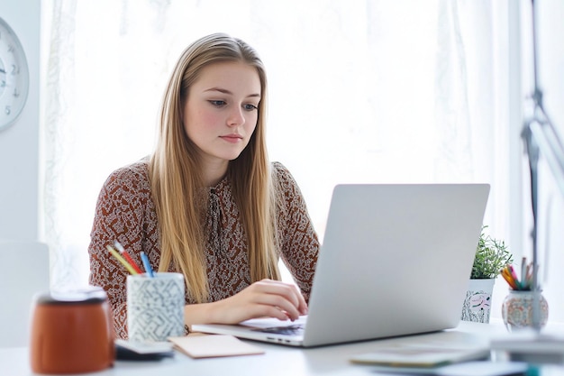 Photo a young woman with long straight blonde hair sits at office