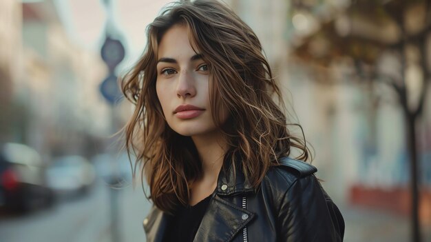 A young woman with long wavy brown hair is wearing a black leather jacket and looking directly at the camera