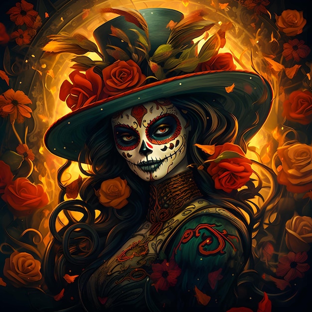 Young woman with makeup at the festival Day of the Dead Dia de los MuertosGenerative Ai