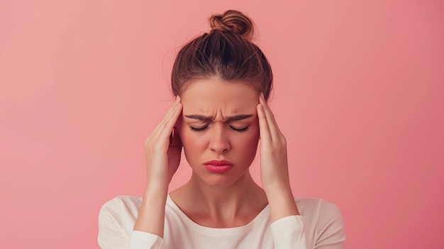 Photo young woman with migraine holding her temple