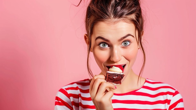 Photo young woman with natural make up having fun and eating chocolate isolated background